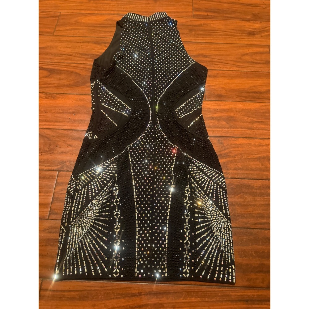 Banjul Black Rhinestone Studded Mesh Mini Dress High Neck Bodycon Sleeveless - Picture 8 of 11